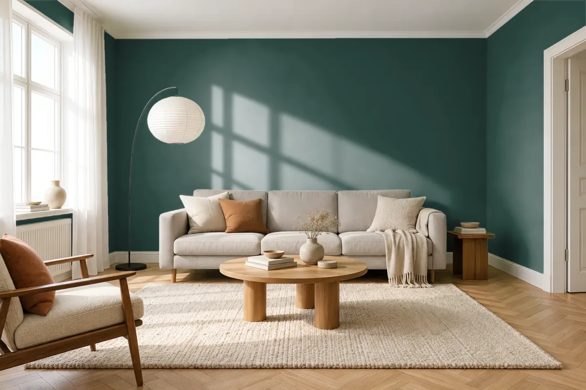 Краска PANTONE 19-5411 Trekking Green — гостиная в скандинавском стиле