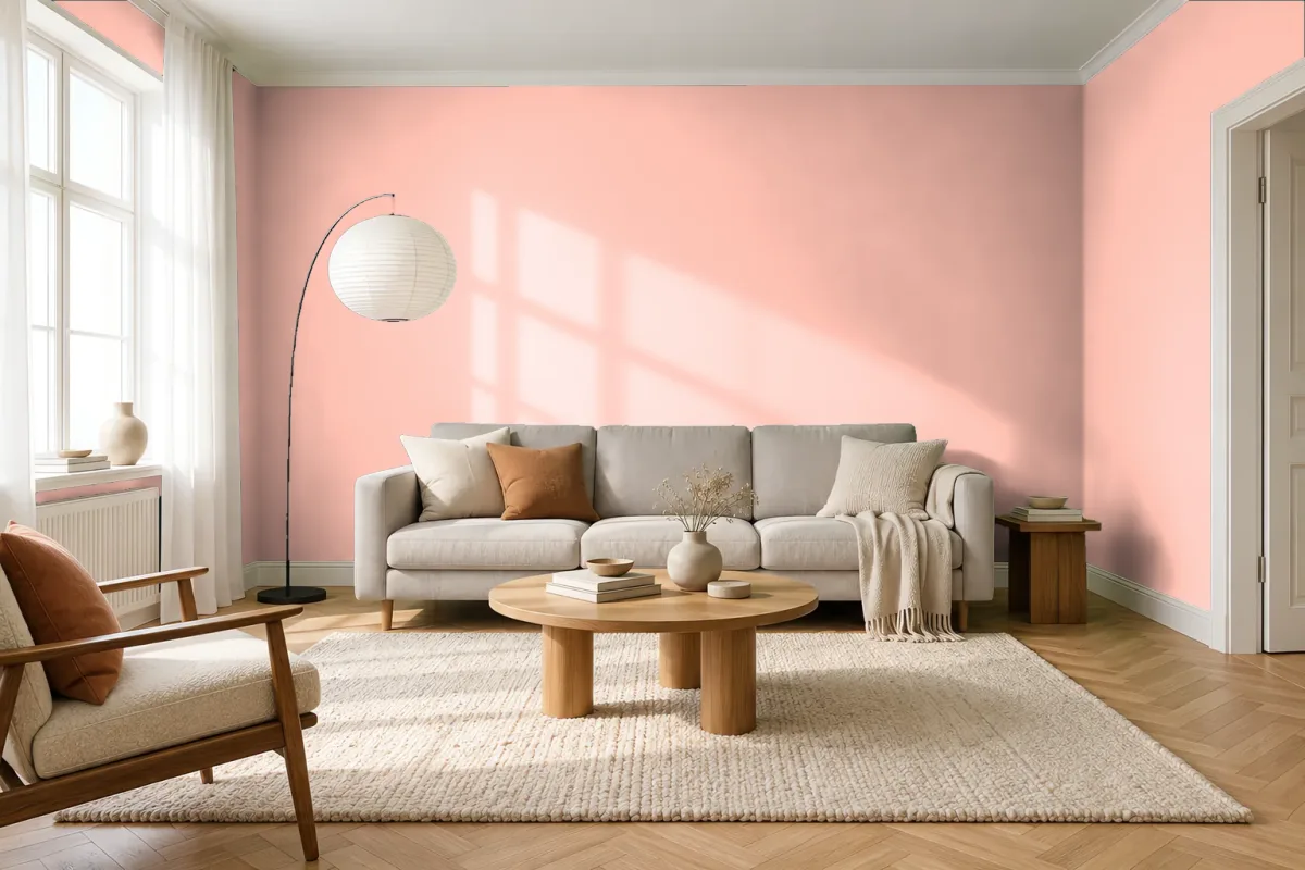 Краска PANTONE 13-1318 Tropical Peach — гостиная в скандинавском стиле