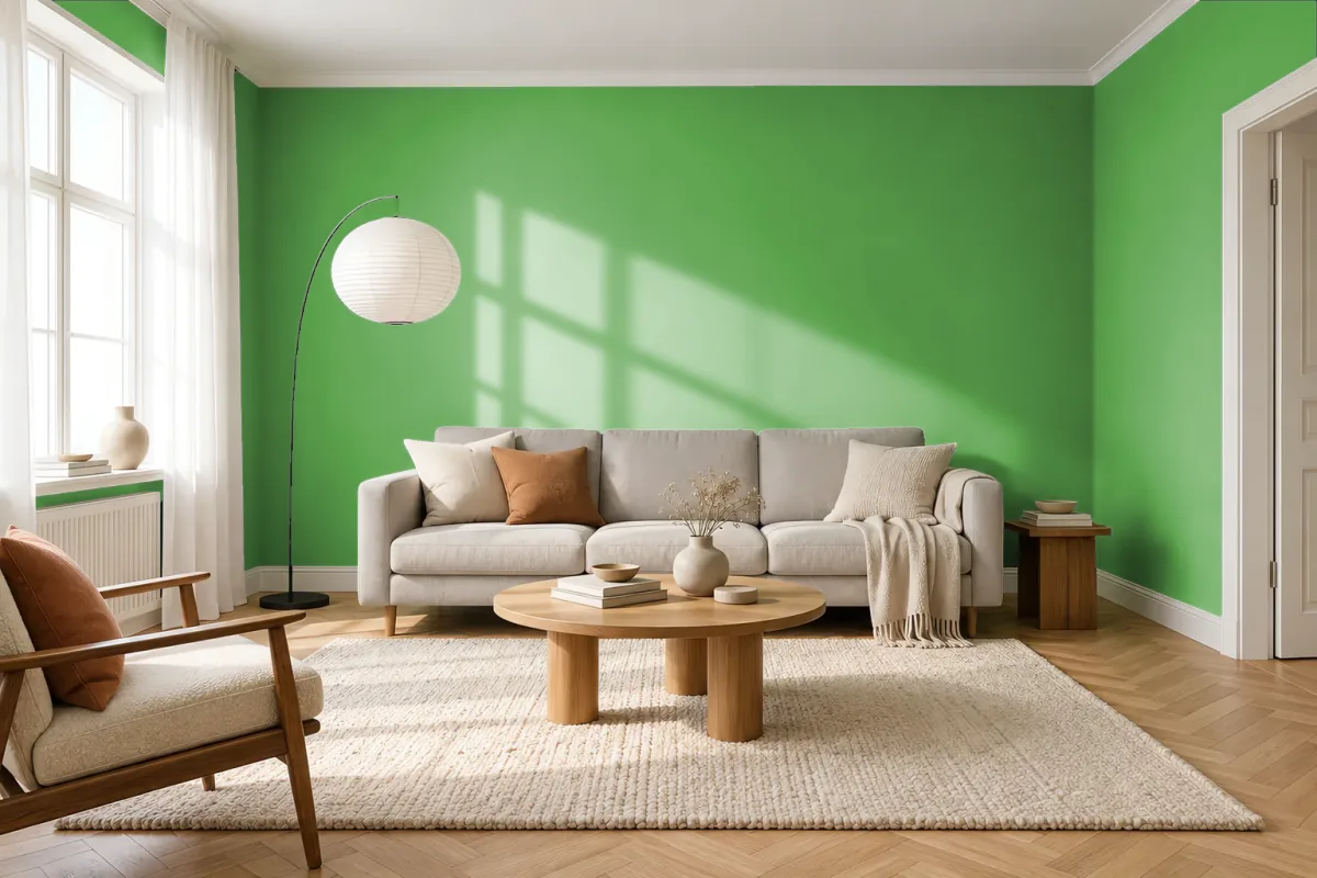 Краска PANTONE 16-6339 Vibrant Green — гостиная в скандинавском стиле