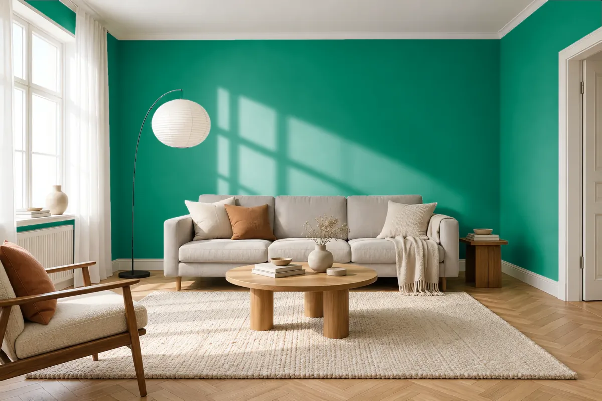 Краска PANTONE 17-5734 Viridis — гостиная в скандинавском стиле