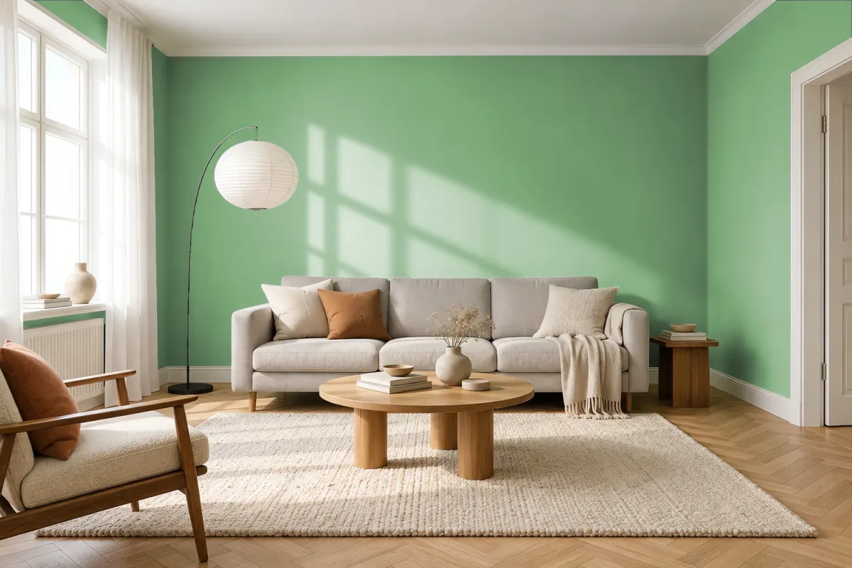 Краска PANTONE 14-6327 Zephyr Green — гостиная в скандинавском стиле