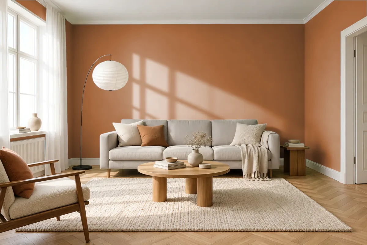 Краска PANTONE 160 C — гостиная в скандинавском стиле
