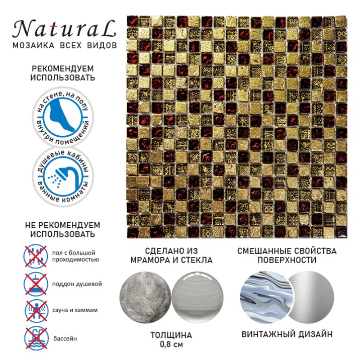 Миксы Natural Mosaic Inka Мозаика Стекло+Мрамор+Агломерат микс BDA-1594 (BDA-94) чип 15х15 — фото 9