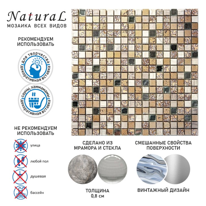 Миксы Natural Mosaic Inka Мозаика Стекло+Мрамор+Агломерат микс BDC-1501 чип 15х15 — фото 9