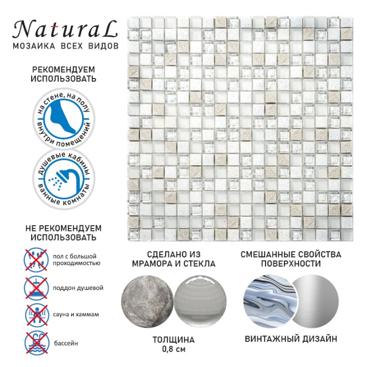 Стеклянная Natural Mosaic Inka Мозаика Стекло+Мрамор+Агломерат микс BDA-1591 чип 15х15 — фото 9