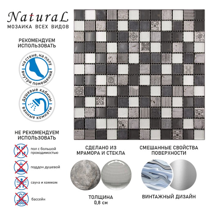 Стеклянная Natural Mosaic Inka Мозаика Стекло+Мрамор+Агломерат микс BDA-2314 чип 23х23 — фото 5