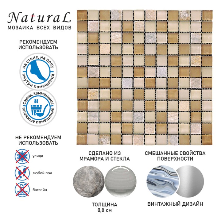 Стеклянная Natural Mosaic KOBE (KBE) Мозаика Стекло+Кварц микс KBE-06 (FT-01-23) чип 23х23 — фото 2