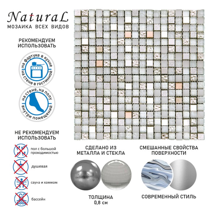 Стеклянная Natural Mosaic PASTEL (PST) Мозаика Стекло+Металл микс PST-034 чип 15х15 — фото 2