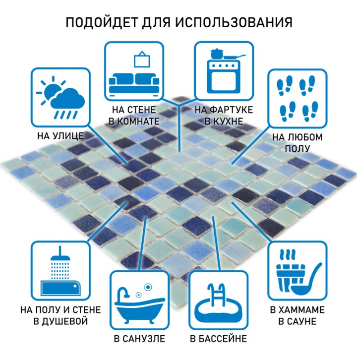 Стеклянная Natural Mosaic Steppa Мозаика из стекла STP-BL022UZ, стекло синий, голубой, поверхность глянцевая 31,5x31,5 — фото 10