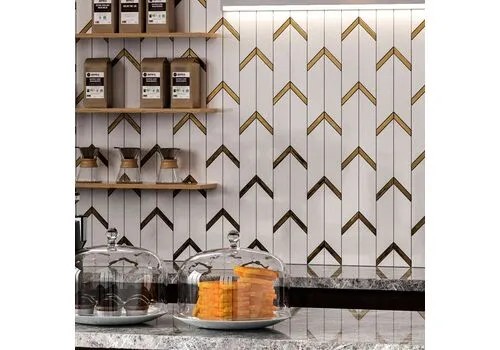 Каменная Stone Мозаика Orro mosaic Atlantida 30.5х32.25 белая / золотая, чип 8х38 / 38х94 шеврон — фото 2