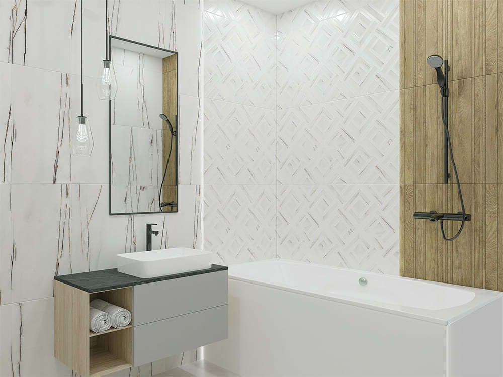 Фото в интерьере для ванной Azori Rosso Venato