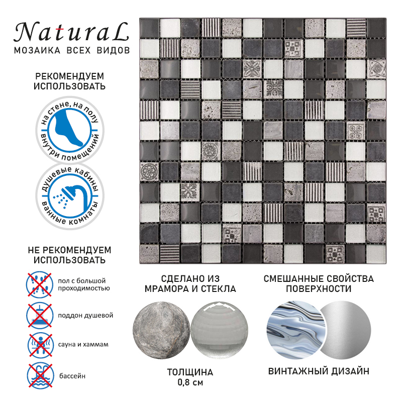 Стеклянная Natural Mosaic Inka Мозаика Стекло+Мрамор+Агломерат микс BDA-2314 чип 23х23 — фото 5